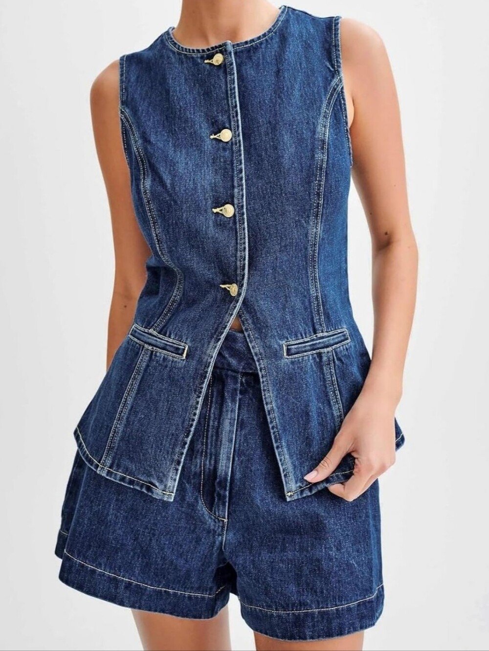 Amazon Dark Blue Sleeveless Denim Button-Down Vest